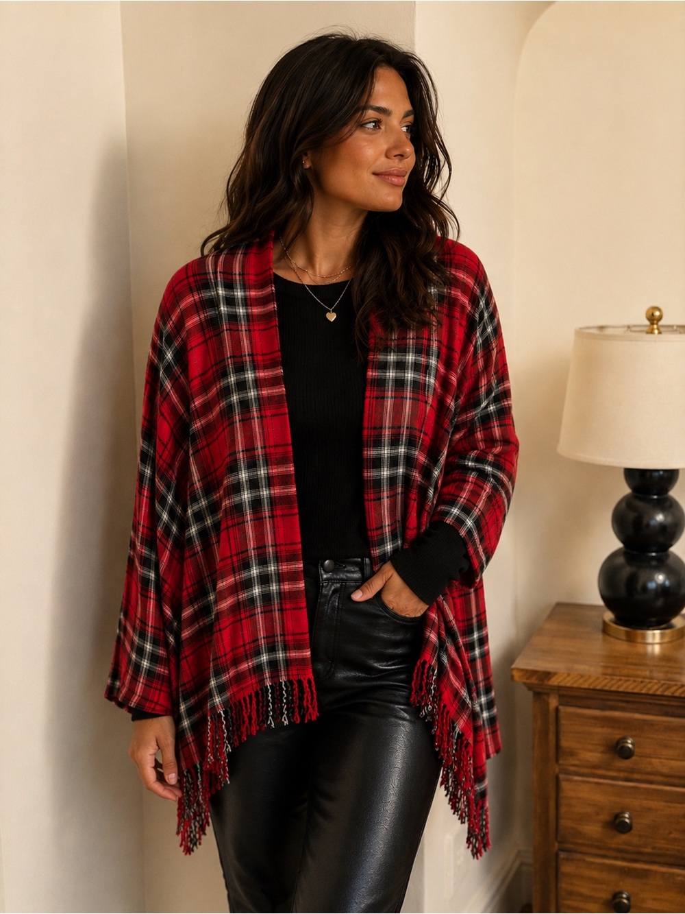 krazy kat Red and Black Plaid Fringe Open-Front Cape